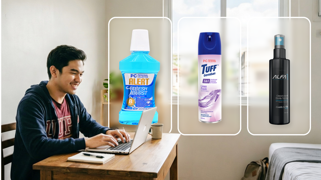 Man smiling in front of a laptop with Personal Collection products